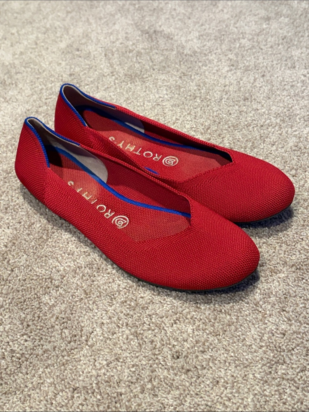 Rothy's Red Knit Ballet Flats with Blue Trim
